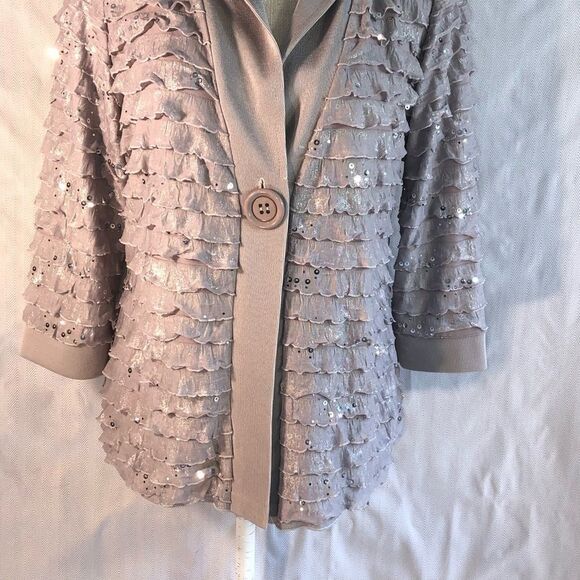 Slinky Brand Silver Tiered Ruffled Sequined One Button Jacket Formal Cardigan S - Picture 3 of 8